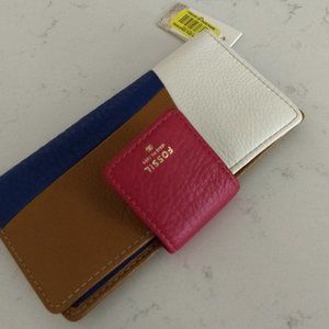 Fossil Genuine Leather Wallet in red, blue, tan, 6.75" x 0.75 x 3.5"
